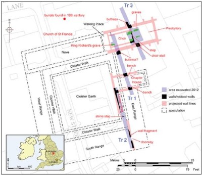 Figure 8: Interpretation of the Greyfriars site over a modern map of Leicester, with Richard III's grave shown in the West end of the Choir, and (inset) Leicester’s location in England (after Buckley et al. 2013b, 519 and 526).